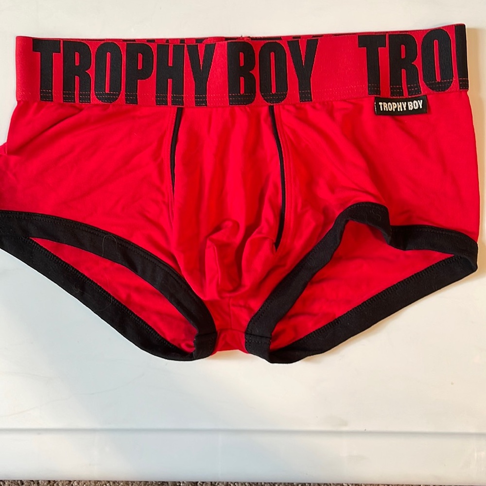 Andrew Christian Trophy Boy trunks, size S, new without tags, red and black